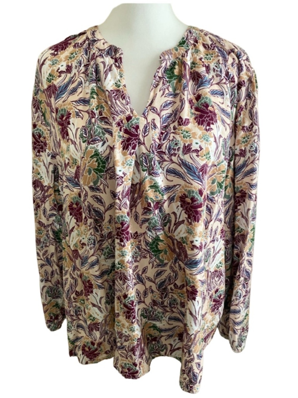 Laura Scott Floral Peasant Blouse - Cream with Multi-Color Floral Print. Size XL